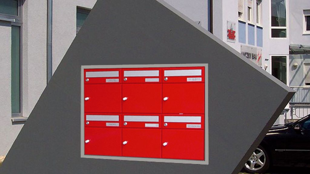 6er briefkastenanlage in wand eingebaut mit roter farbe